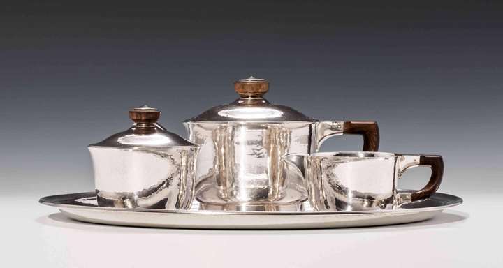 SILVER TEA SERVICE "MALINES"
consisting of: teapot, milk jug, sugar bowl, oval tray
